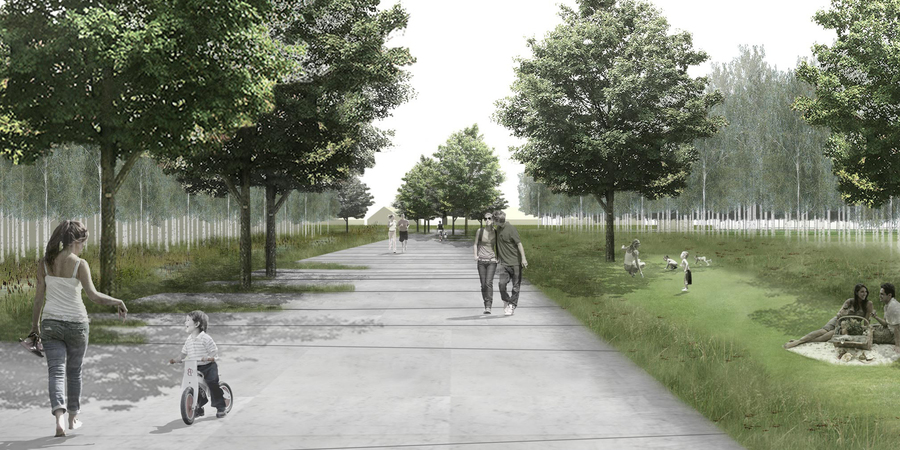 Simulatie van het centrale wandelpad dat uitkomt op het centrale plein Simulatie van het centrale wandelpad dat uitkomt op het centrale plein